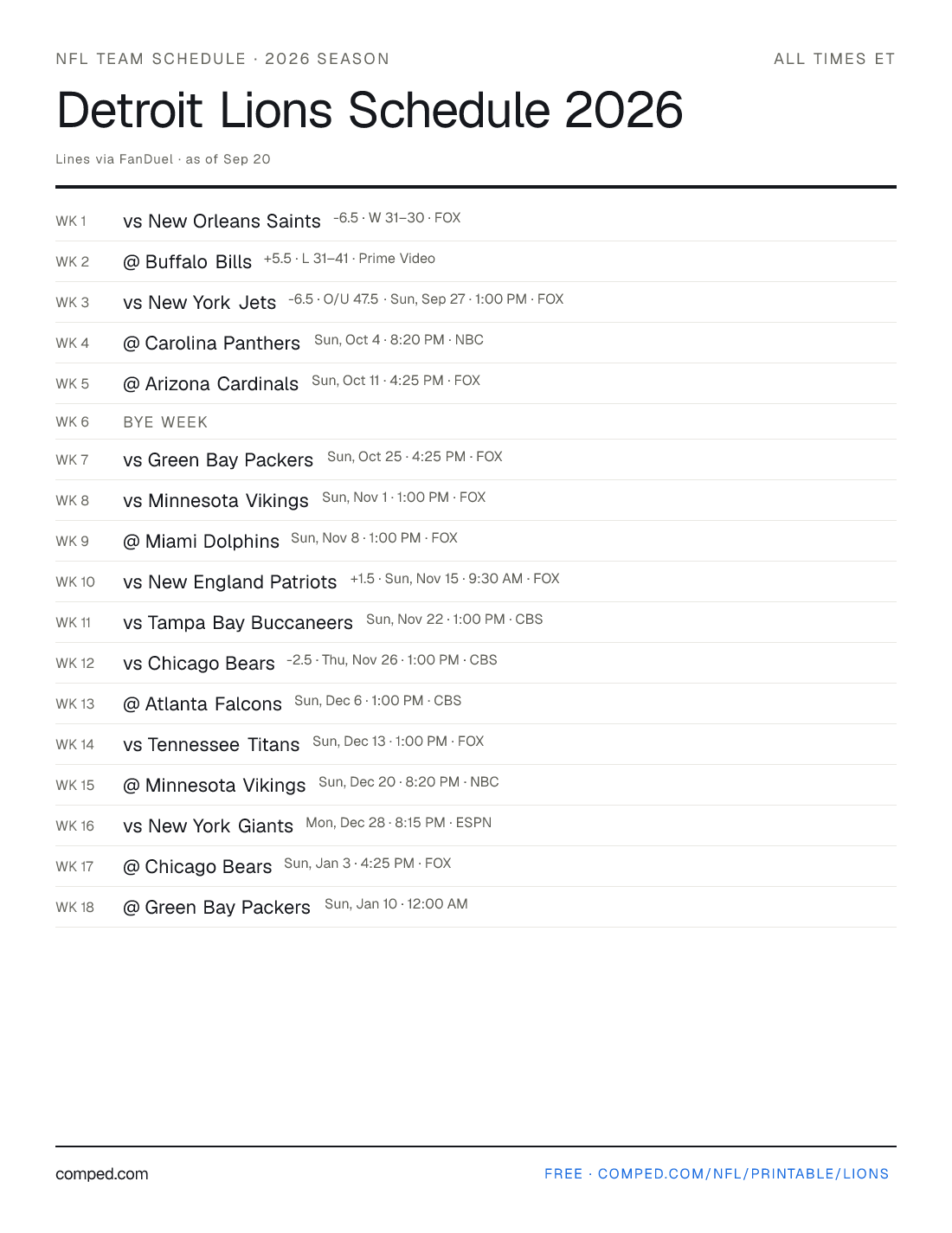 Printable Detroit Lions schedule — 17 games with kickoff times, networks and betting lines, 2026 season.