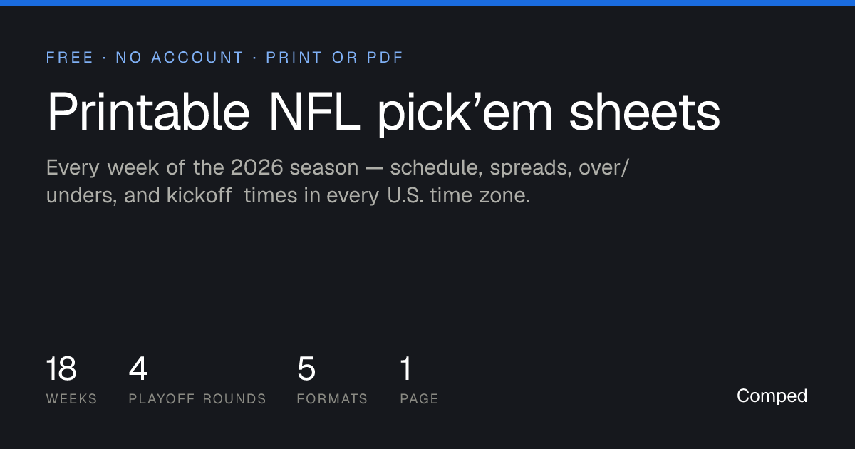 Free Printable NFL Pick'em Sheets 2026 — Week 1-18 · Comped