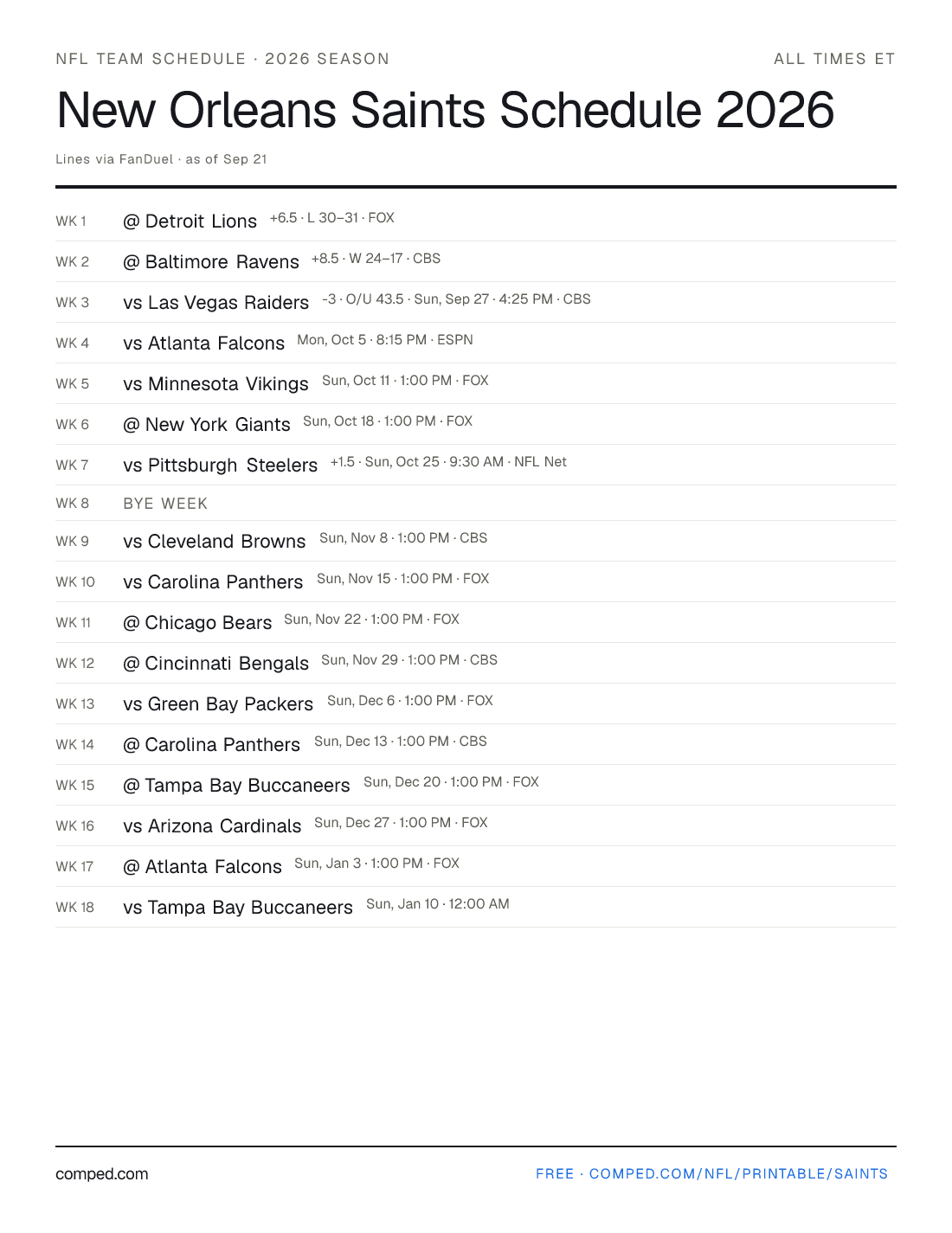 Printable New Orleans Saints schedule — 17 games with kickoff times, networks and betting lines, 2026 season.