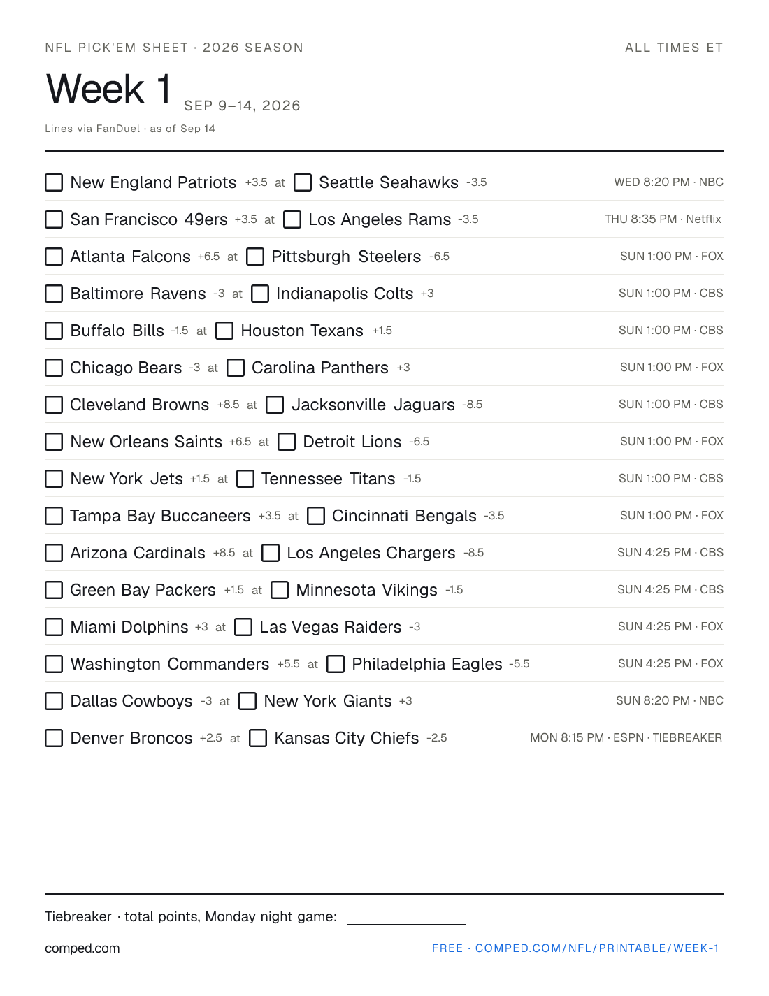 Printable NFL Week 1 pick'em sheet — 16 games with kickoff times, networks and betting lines, 2026 season.