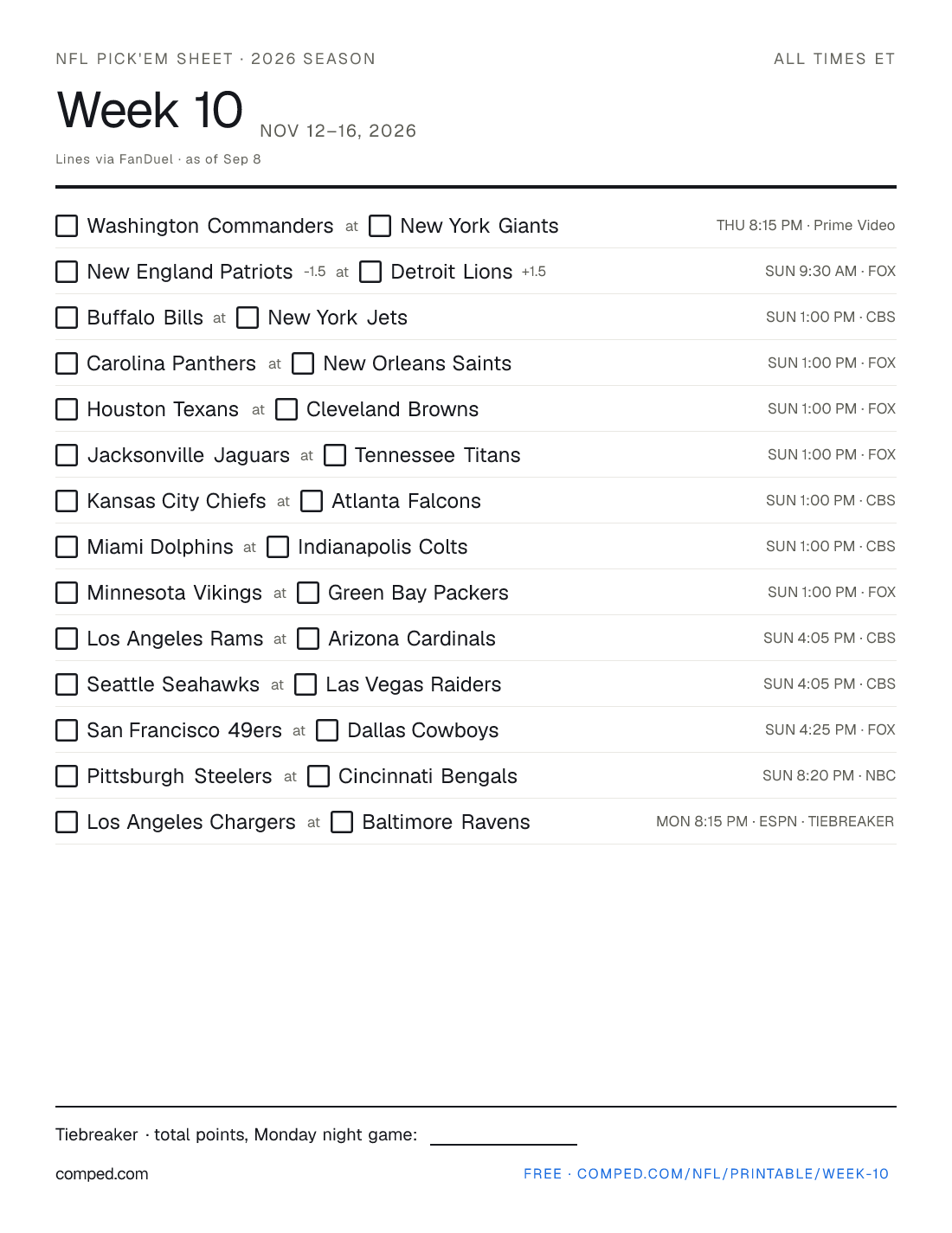 Printable NFL Week 10 pick'em sheet — 14 games with kickoff times, networks and betting lines, 2026 season.