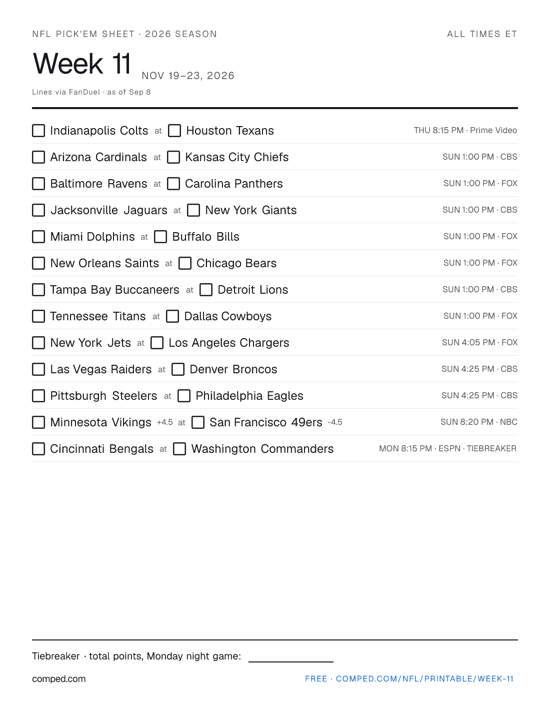 Printable NFL Week 11 pick'em sheet — 13 games with kickoff times, networks and betting lines, 2026 season.