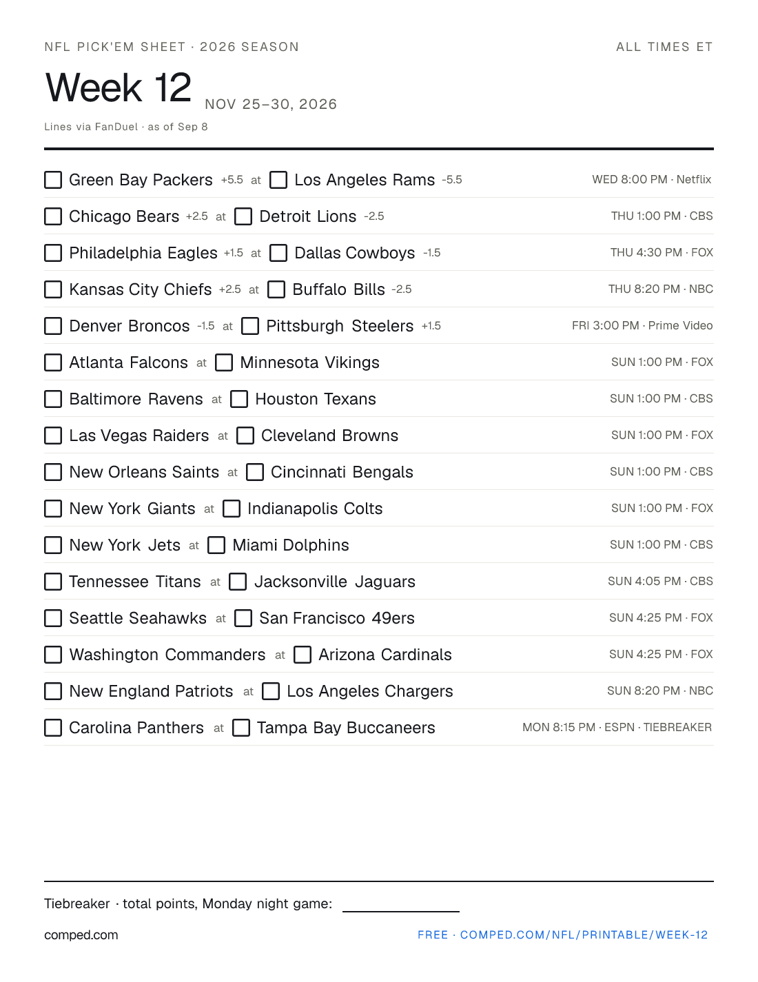 Printable NFL Week 12 pick'em sheet — 16 games with kickoff times, networks and betting lines, 2026 season.