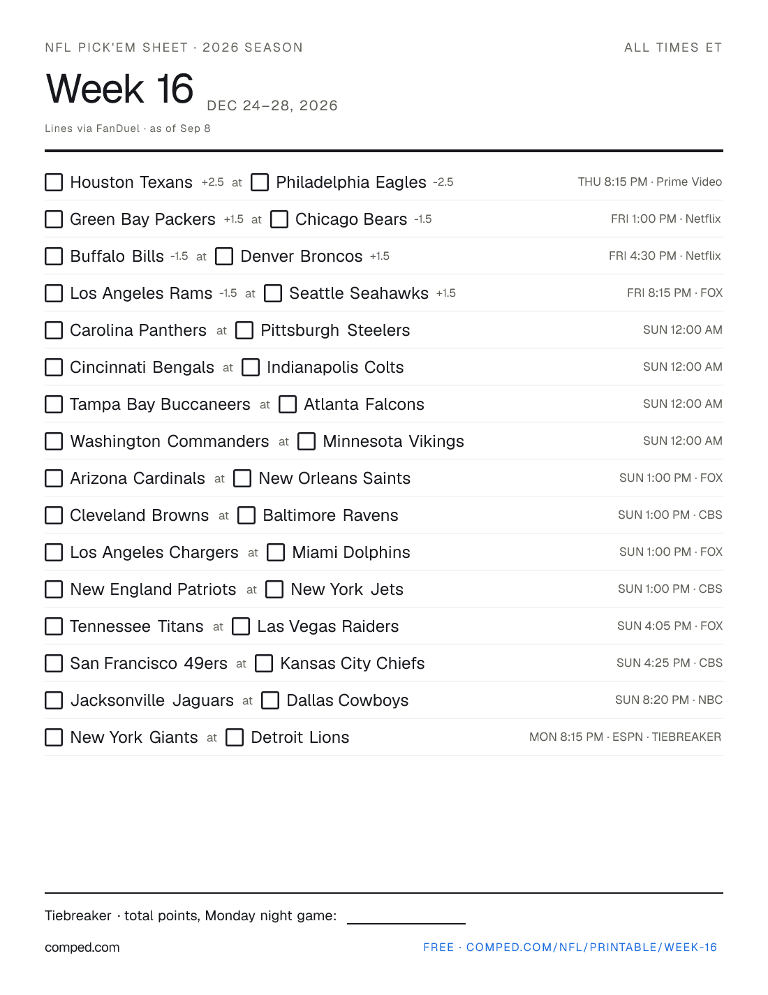 Printable NFL Week 16 pick'em sheet — 16 games with kickoff times, networks and betting lines, 2026 season.