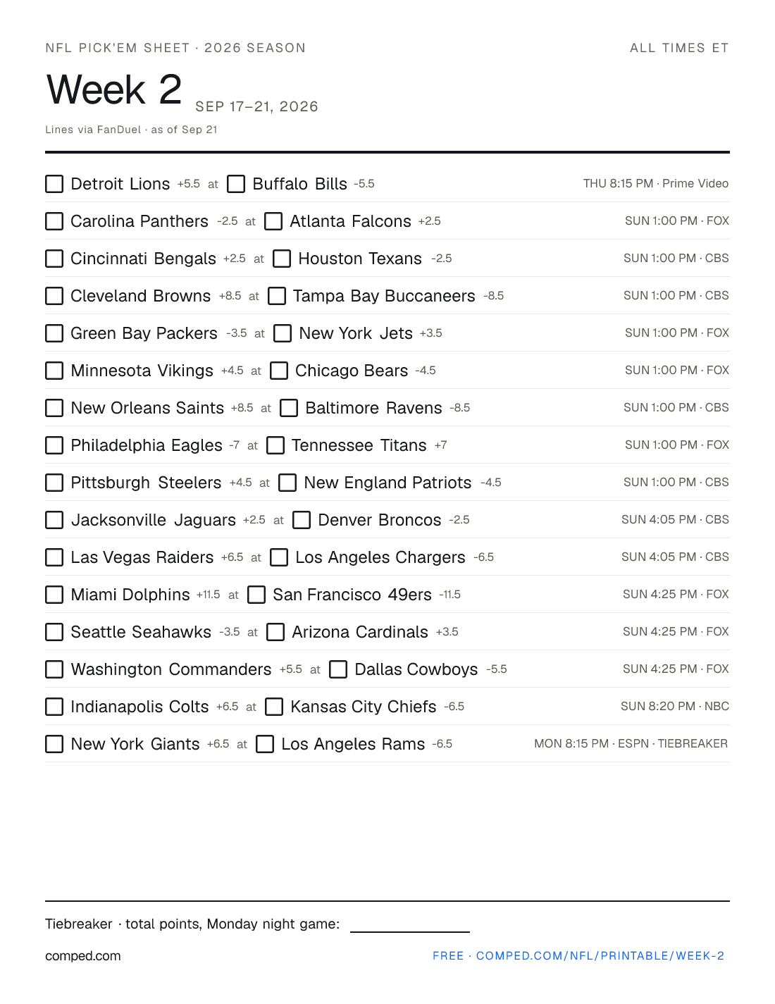 Printable NFL Week 2 pick'em sheet — 16 games with kickoff times, networks and betting lines, 2026 season.