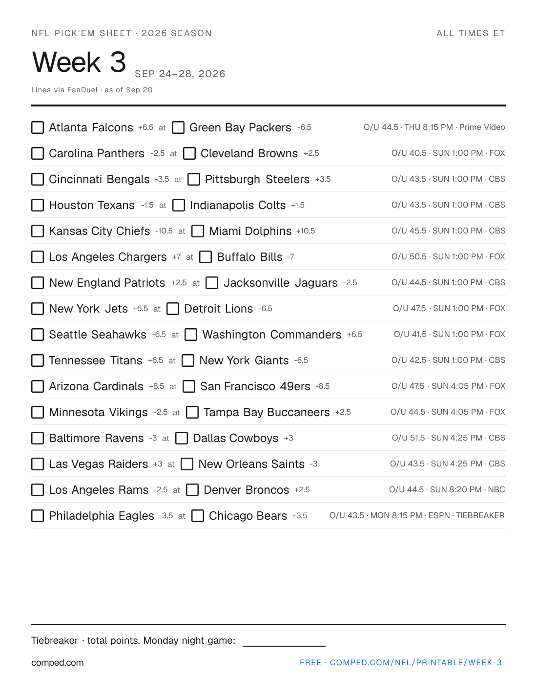 Printable NFL Week 3 pick'em sheet — 16 games with kickoff times, networks and betting lines, 2026 season.
