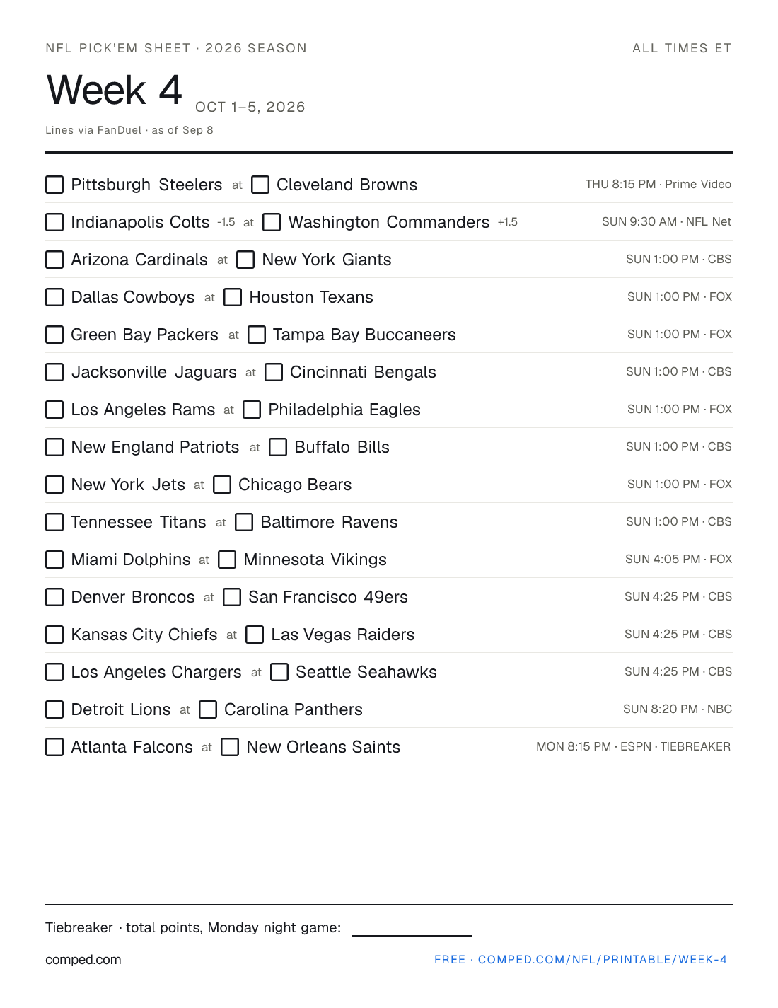 Printable NFL Week 4 pick'em sheet — 16 games with kickoff times, networks and betting lines, 2026 season.
