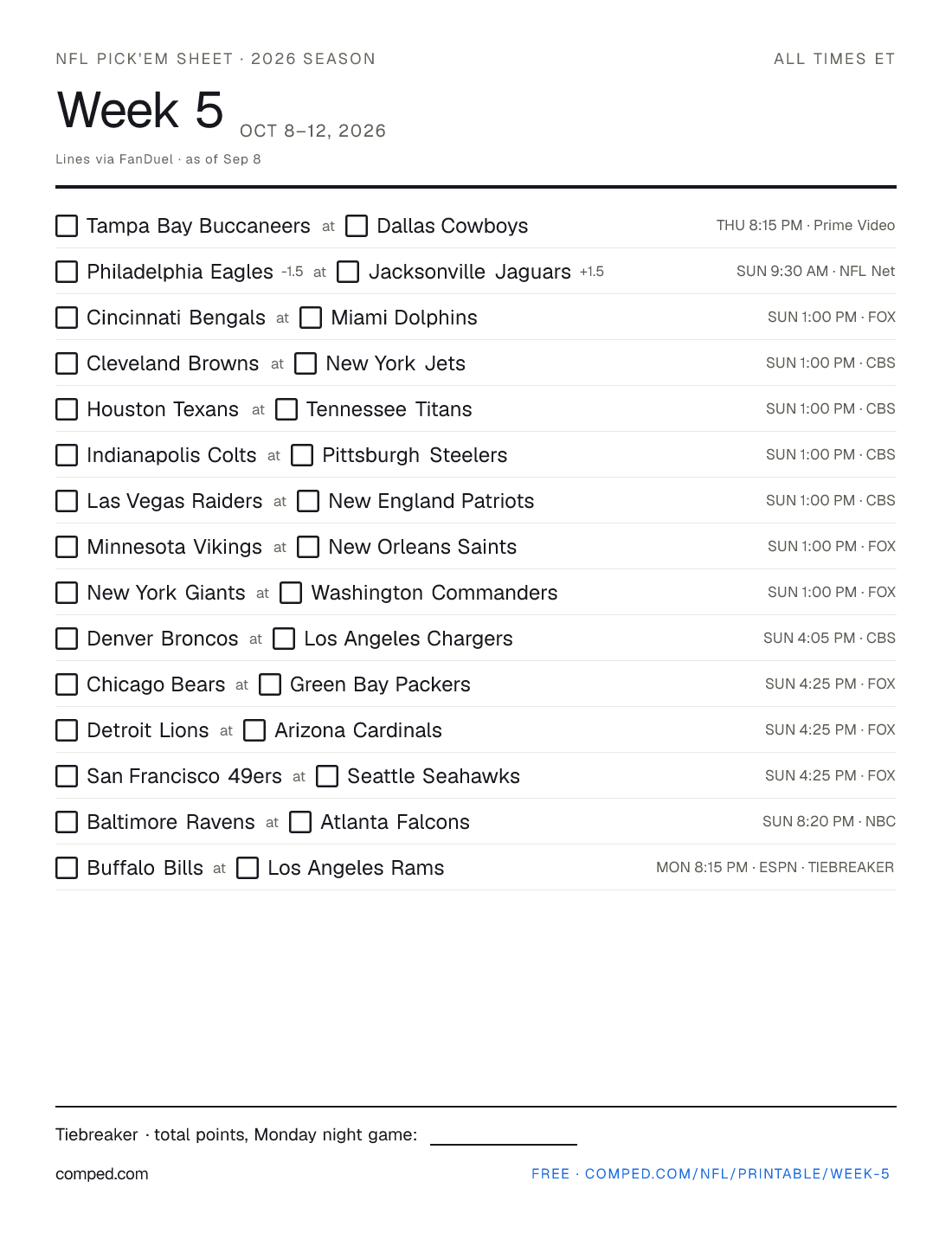 Printable NFL Week 5 pick'em sheet — 15 games with kickoff times, networks and betting lines, 2026 season.
