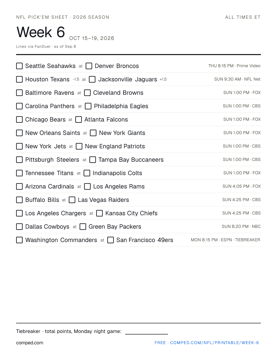 Printable NFL Week 6 pick'em sheet — 14 games with kickoff times, networks and betting lines, 2026 season.
