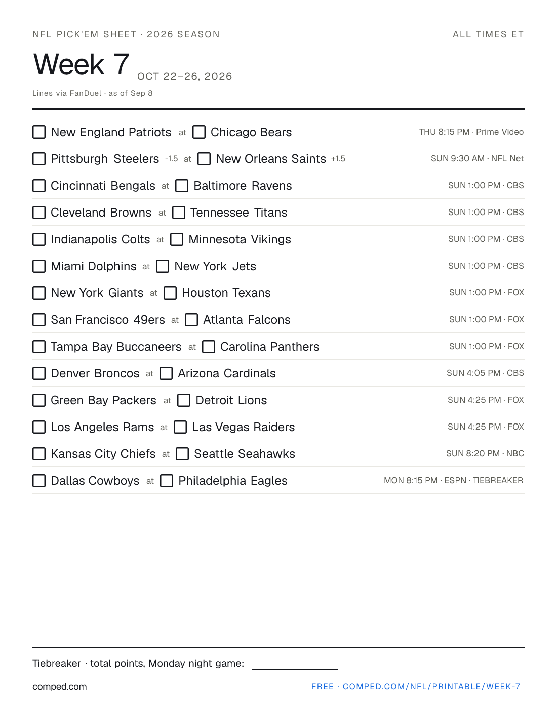 Printable NFL Week 7 pick'em sheet — 14 games with kickoff times, networks and betting lines, 2026 season.