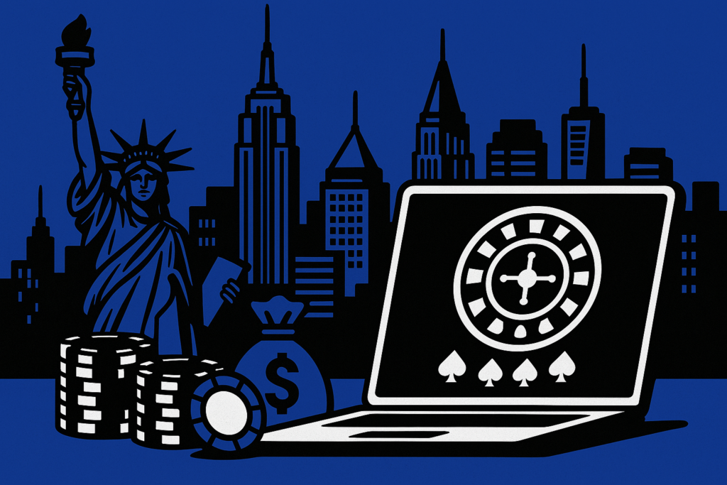 AI drawing with dark blue background showing NY skyline and the Statue of Liberty and a money bag with $ on it in front of the background, and then black and white poker chips and an open laptop with a roulette wheel in front of them