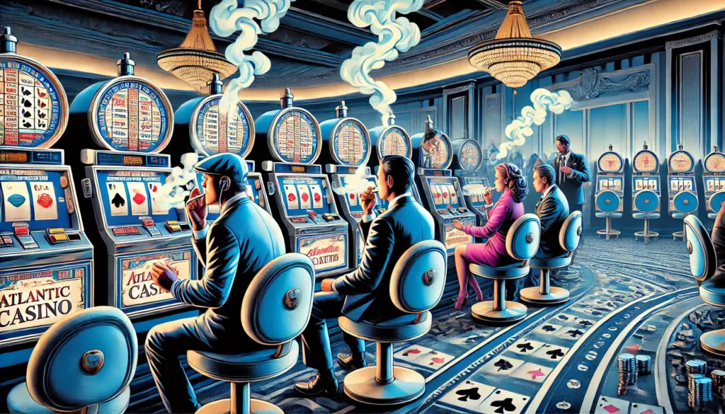 AI drawing showing a row of gamblers at slot machines all with smoke clouds coming from their mouths to represent smoking