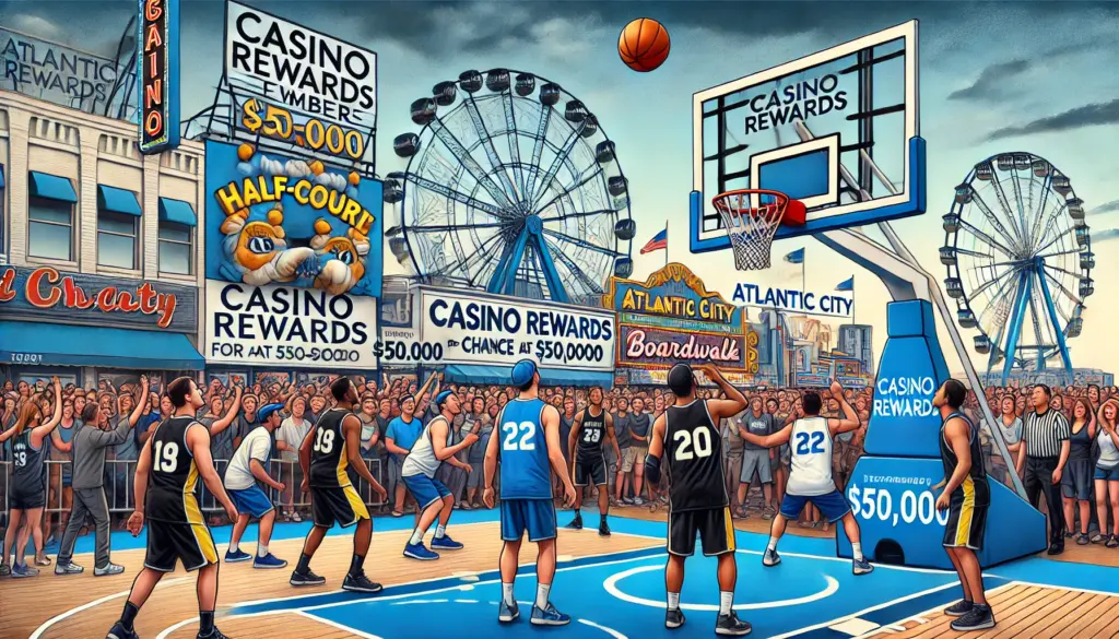 AI drawing of players playing basketball on an outdoor court on the Atlantic City boardwalk with the words "casino rewards" and "$50,000" written in several locations, including the backboard