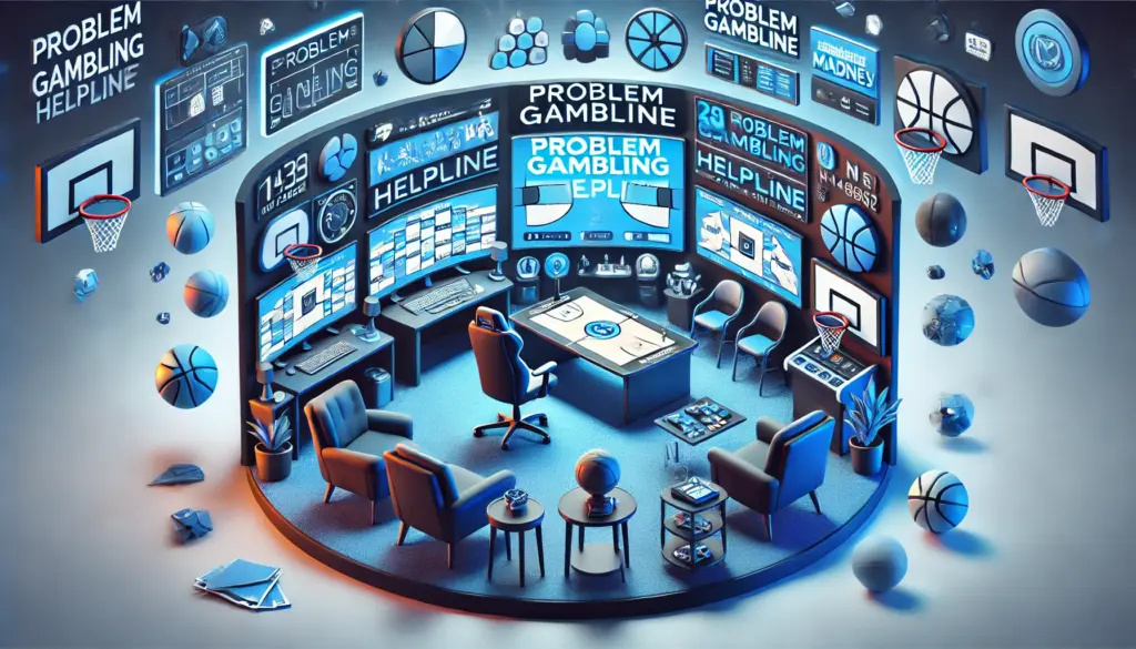 Ai drawing showing futuristic looking room with problem gambling helpline info all over it as well as basketball and March Madness elements, including a table that looks like a basketball court