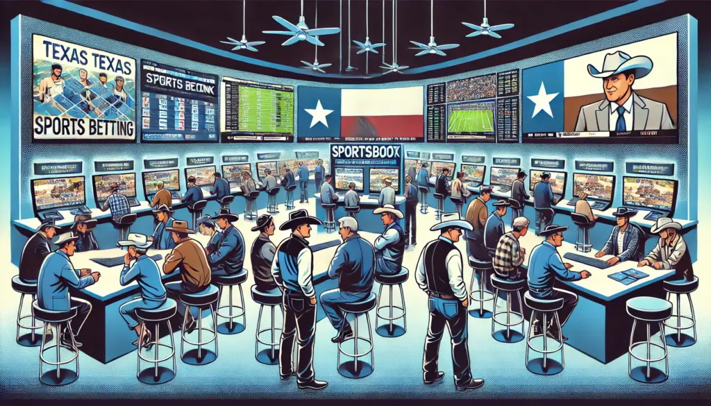 AI drawing showing a bunch of people wearing cowboy hats in a modern sportsbook with TVs on the walls and phrases like "Texas Texas sports betting" on the walls too