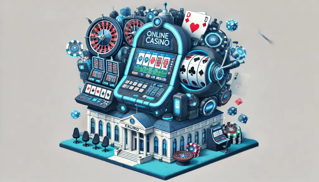 AI drawing showing a robotic online casino representation with slot machines and a roulette wheel on top of a casino building