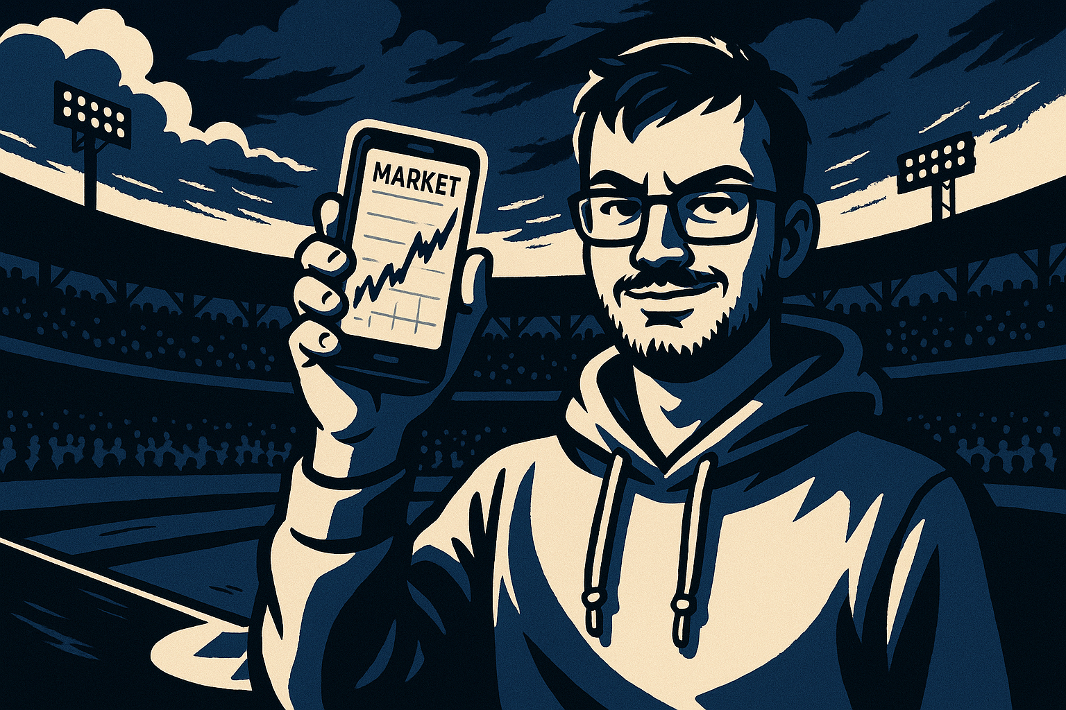 Breaking news - Kalshi launches single game MLB betting lines. AI generated image of a man holding a phone in a baseball stadium