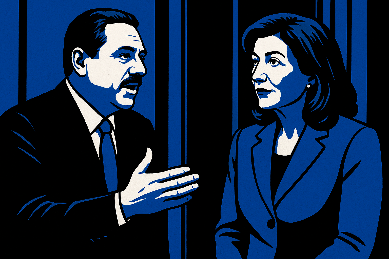 AI cartoon drawing of NY Sen. Joseph Addabbo (left) talking to NY Gov. Kathy Hochul (right) with a black and blue background. All colors are black, blue, and white.
