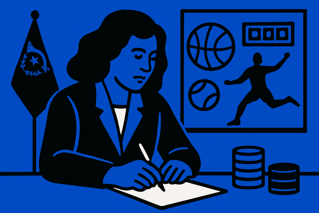 Blue, black, and white AI cartoon drawing of woman legislator writing a letter. In the background are a Nevada flag and sports symbols such as a basketball and baseball, as well as a silhouette of an athlete and what appear to be stacks of coins on the legislator's desk