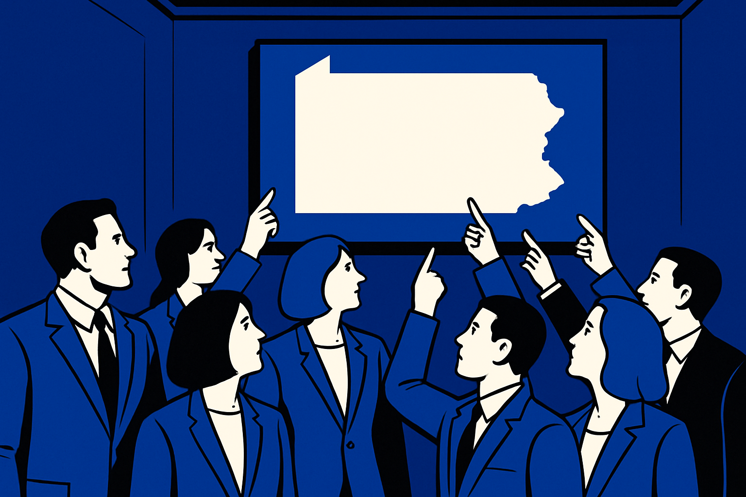 AI cartoon drawing of men in suits and women in pantsuits all pointing up at a picture of a blank state outline of Pennsylvania on the wall. Colors are blue, black, and white.