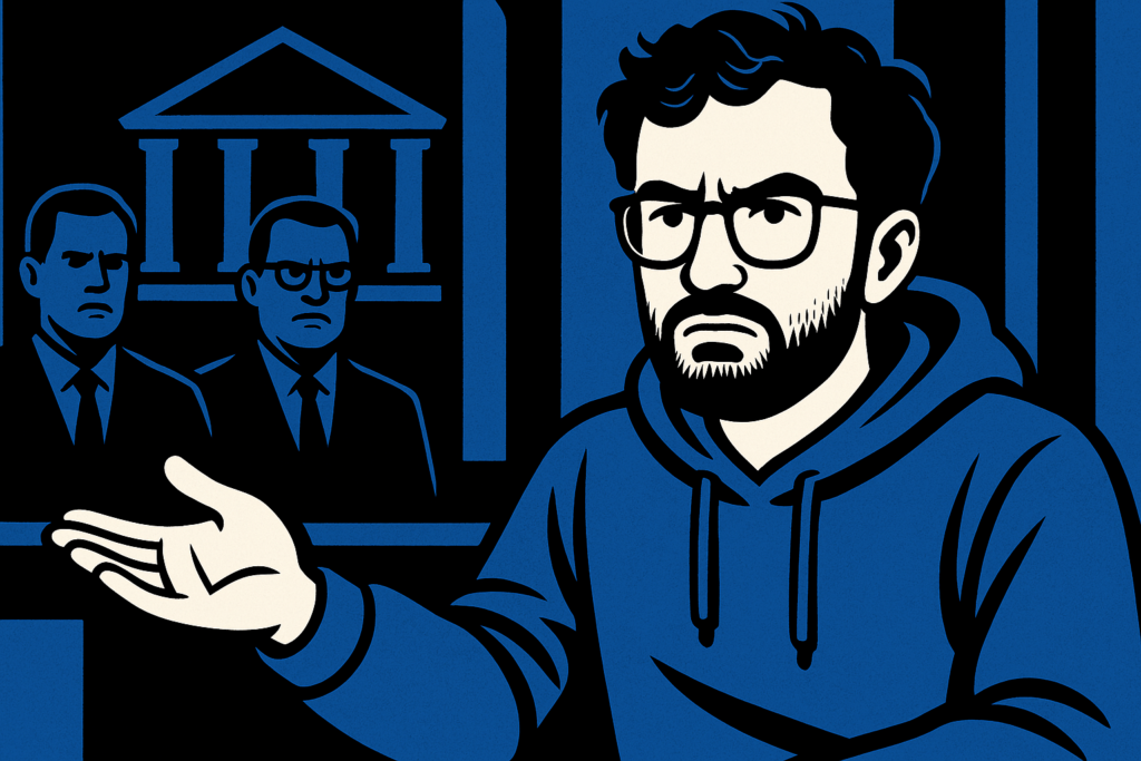 AI drawing of Kalshi CEO Tarek Mansour frowning as two official-looking men in the background next to a judicial building scowl at him. The colors are blue, black, and white.