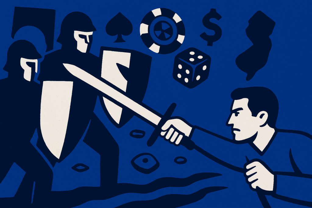 AI drawing of a man with a sword fighting off two assailants with shields. It's cartoon style with dark blue, black, and white as the main colors, and casino elements and a NJ state outline are on the background