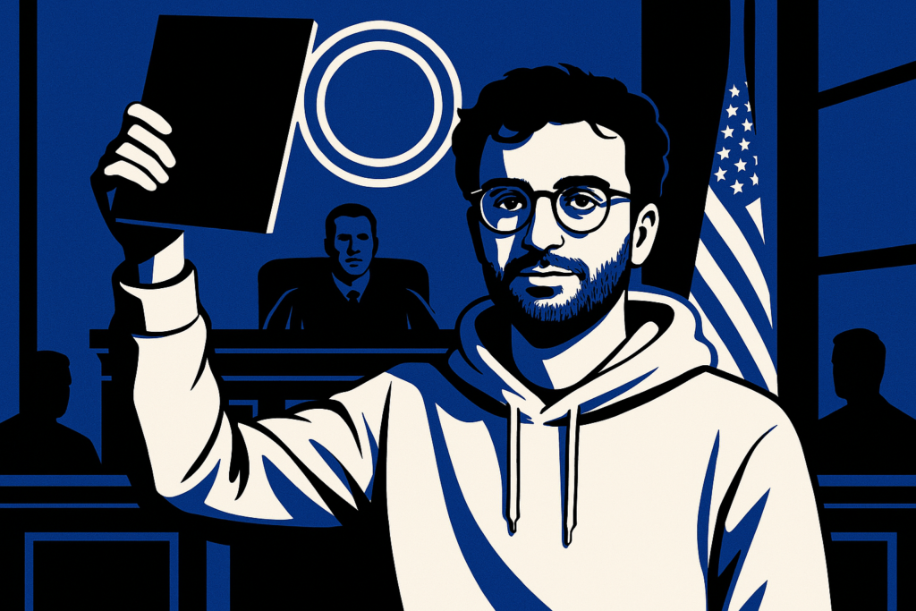 AI drawing of Kalshi CEO Tarek Mansour holding up a book in front of a judge and American flag to signify a legal victory