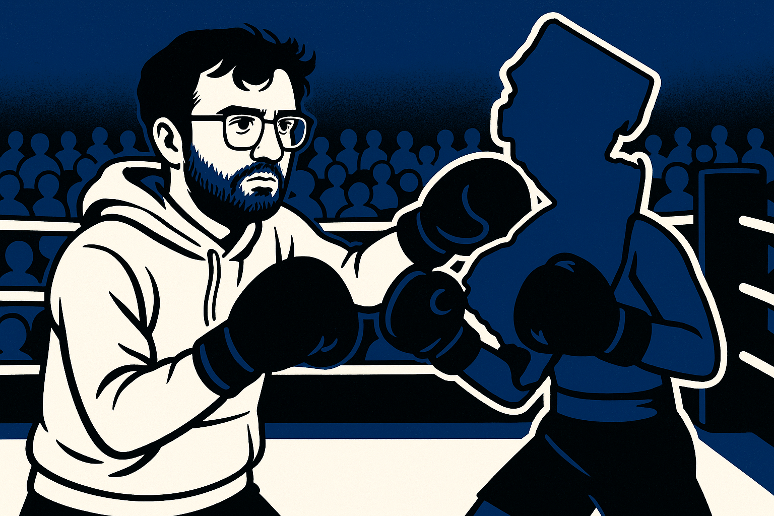 AI cartoon drawing of Kalshi CEO Tarek Mansour boxing against someone whose head is the New Jersey state outline in a boxing ring. Colors are blue, black, and white.