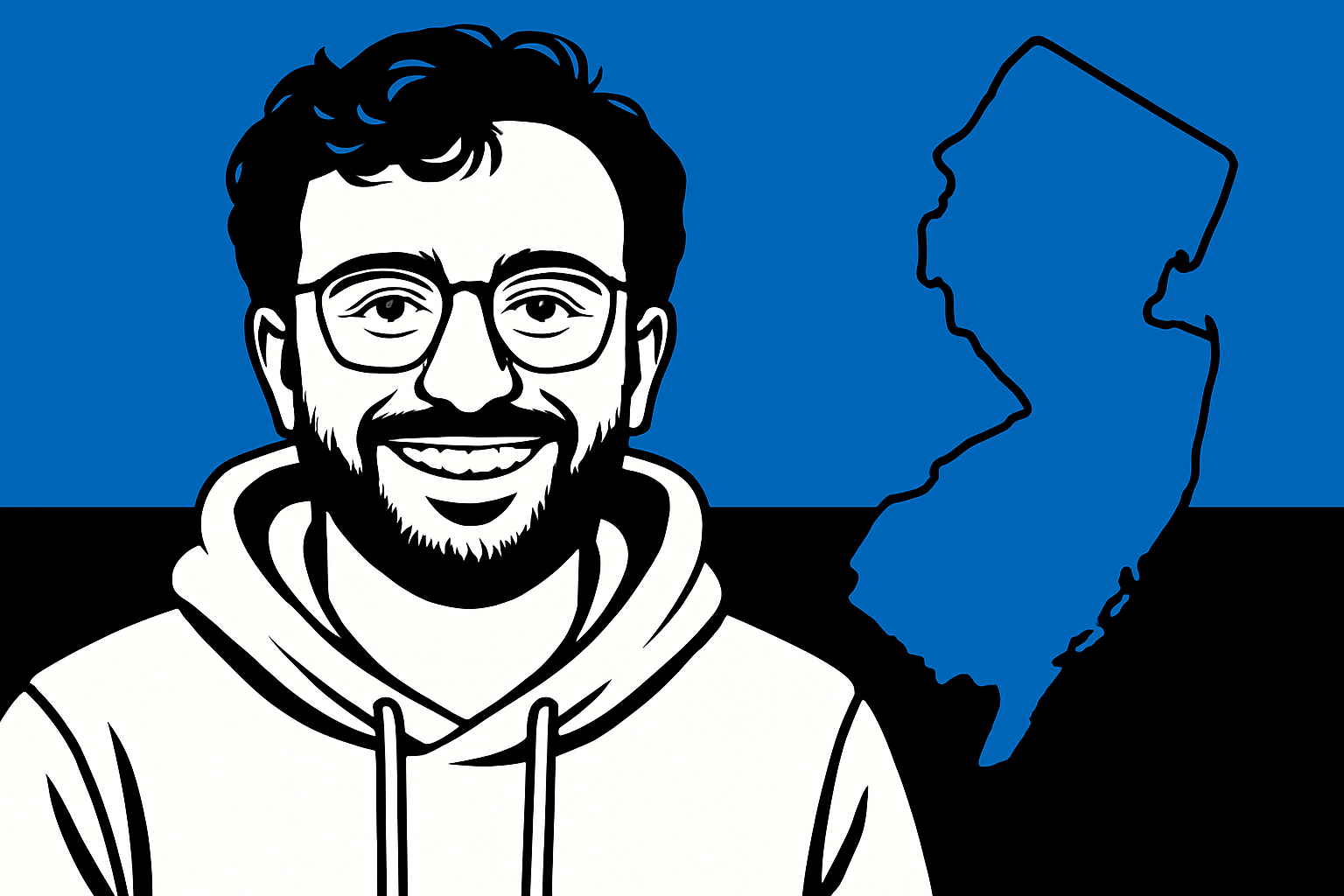 AI cartoon drawing of a smiling Kalshi CEO Tarek Mansour next to a New Jersey state outline. Colors are blue, white, and black.
