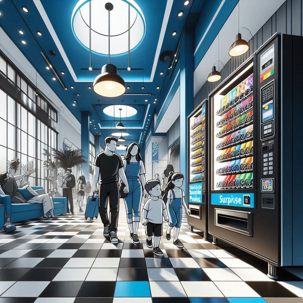 AI drawing of a mom and dad walking with their son and daughter up to two vending machines that say "surprise" on them. None of them have faces and the drawing has a very cartoonish style to it.