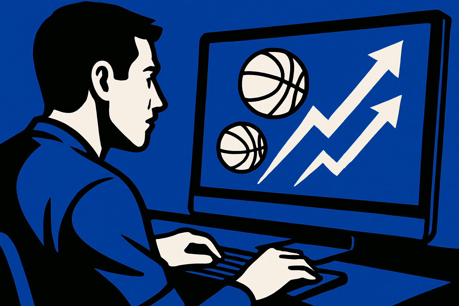 AI drawing of man sitting at computer with two rising lines and two basketballs on the screen. The main colors are blue, white, and black.