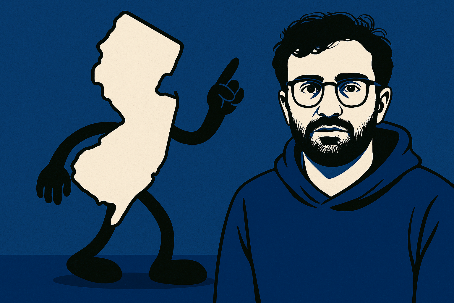 AI cartoon drawing of an outline of New Jersey with arms and legs wagging its finger at Kalshi CEO Tarek Mansour. Colors are blue, white, and black.