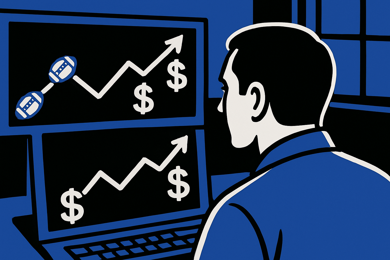 AI cartoon drawing of man looking at two computer monitors with upward line graphs featuring footballs and dollar signs next to the lines. Colors are black, blue, and white.