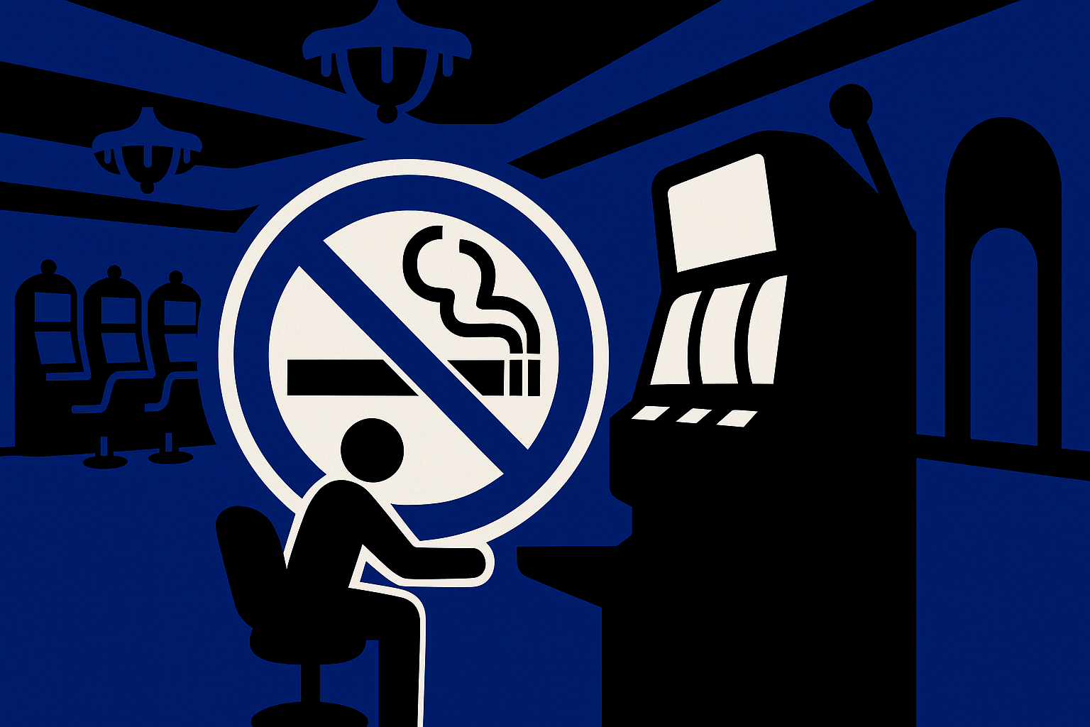 AI cartoon drawing showing stick figure sitting at slot machine with no smoking sign right above them. Colors are blue, black, and white.