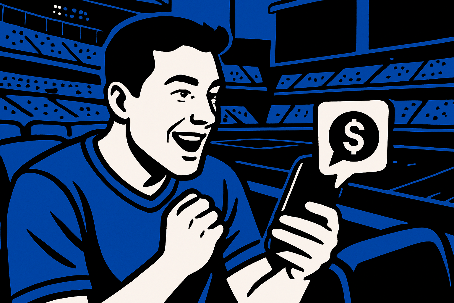AI drawing showing excited man holding phone with football stadium in the background and a chat bubble with a dollar sign inside rising up from the phone. The main colors are blue, white, and black.
