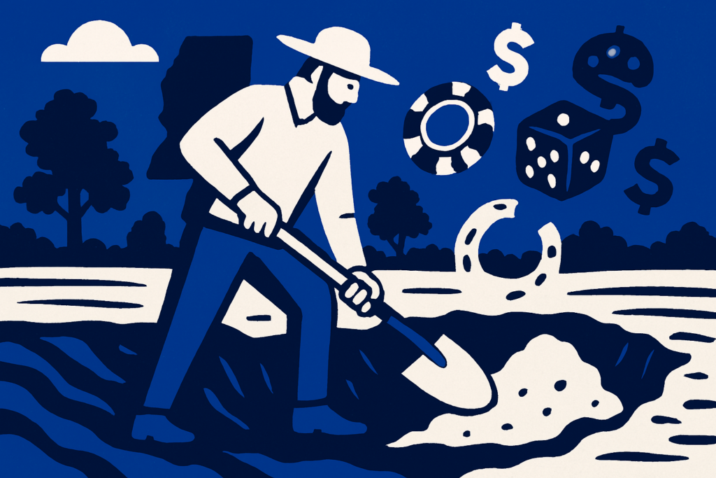 AI cartoon drawing of man digging dice, poker chips, a horseshoe, and money signs out of a hold with a rural background that contains an outline of Mississippi
