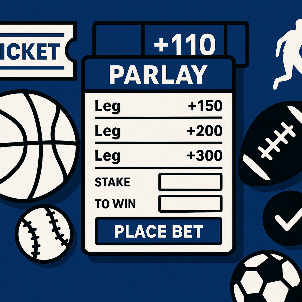 AI cartoon drawing showing a parlay betslip with three legs surrounded by sports symbols, including a basketball and baseball. Colors are blue, white, and black.