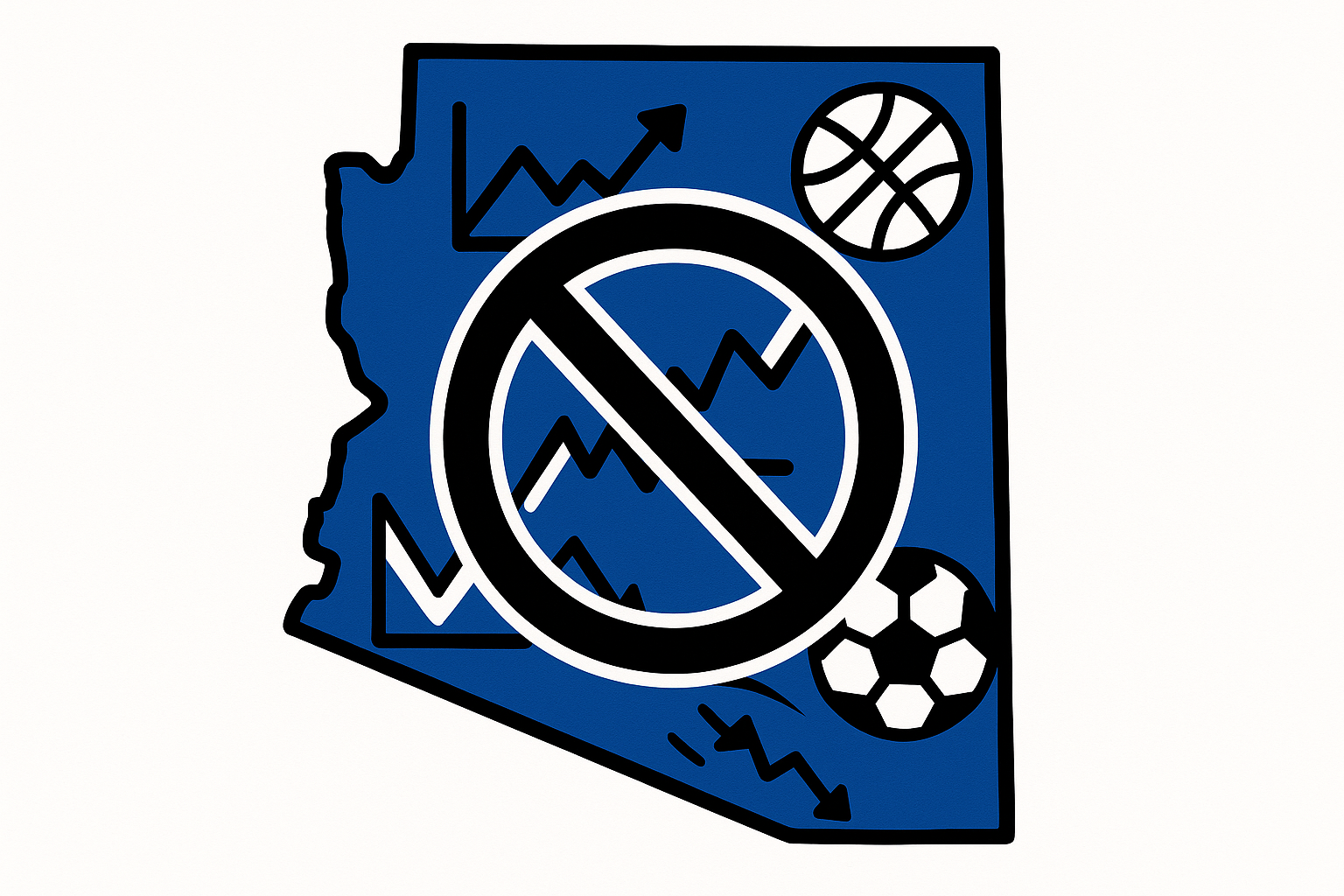 AI cartoon drawing of the state outline of Arizona with filled with up and down line graphs and sports symbols, all with a giant cross through the map with a blue, black, and white color scheme