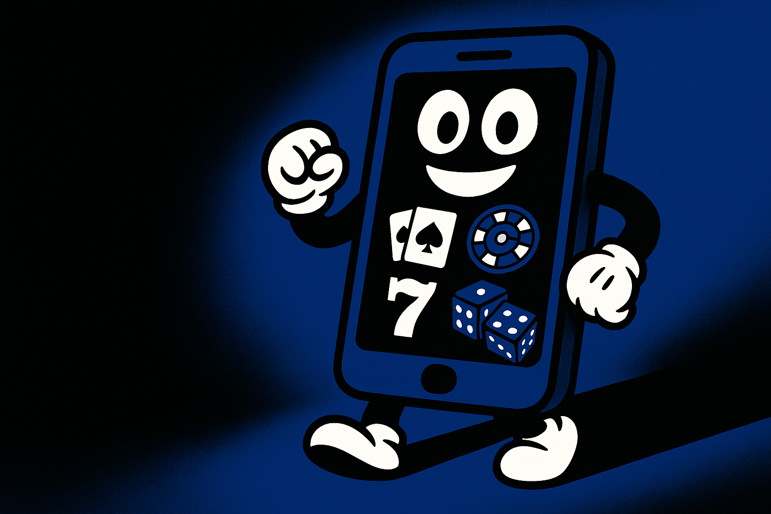 A personified mobile phone with casino games on its screen emerging from the shadows with a blue, black, and white color scheme inspired by a cartoon-style design.