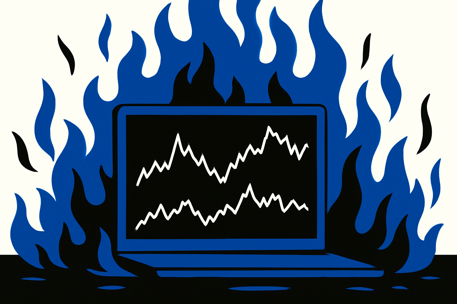 AI cartoon drawing of laptop showing two line graphs and the computer is directly in front of a growing fire. Colors are blue, black, and white.