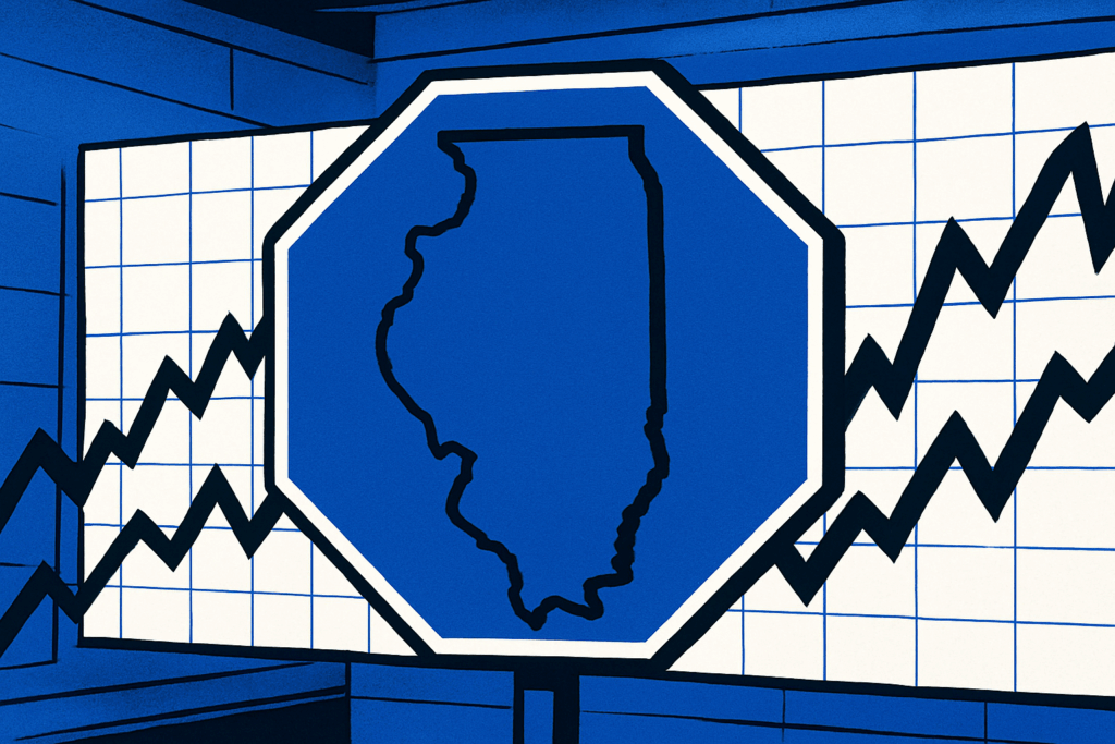 AI cartoon drawing of a blue stop sign with the outline of Illinois on its face, with a chart with two line graphs in the background. Colors are blue, white, and black.