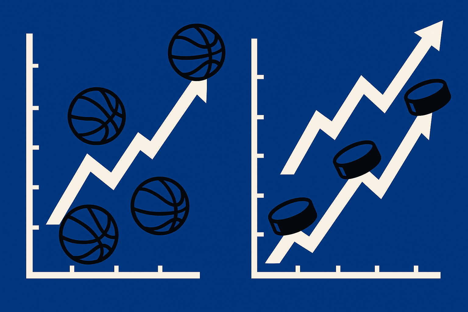 Upward trending line graphs featuring basketballs and hockey pucks with a blue, black, and white color scheme inspired by a cartoon-style design
