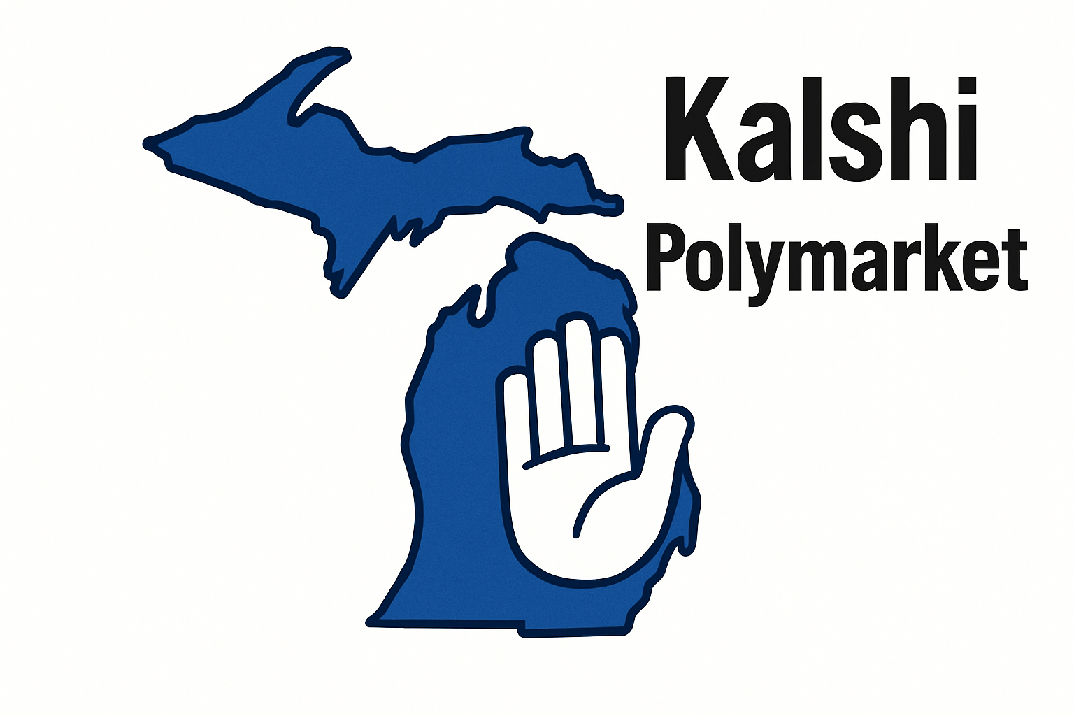 AI cartoon drawing of hand trying to block the words Kalshi and Polymarket from entering a Michigan state outline. Colors are white, blue, and black.
