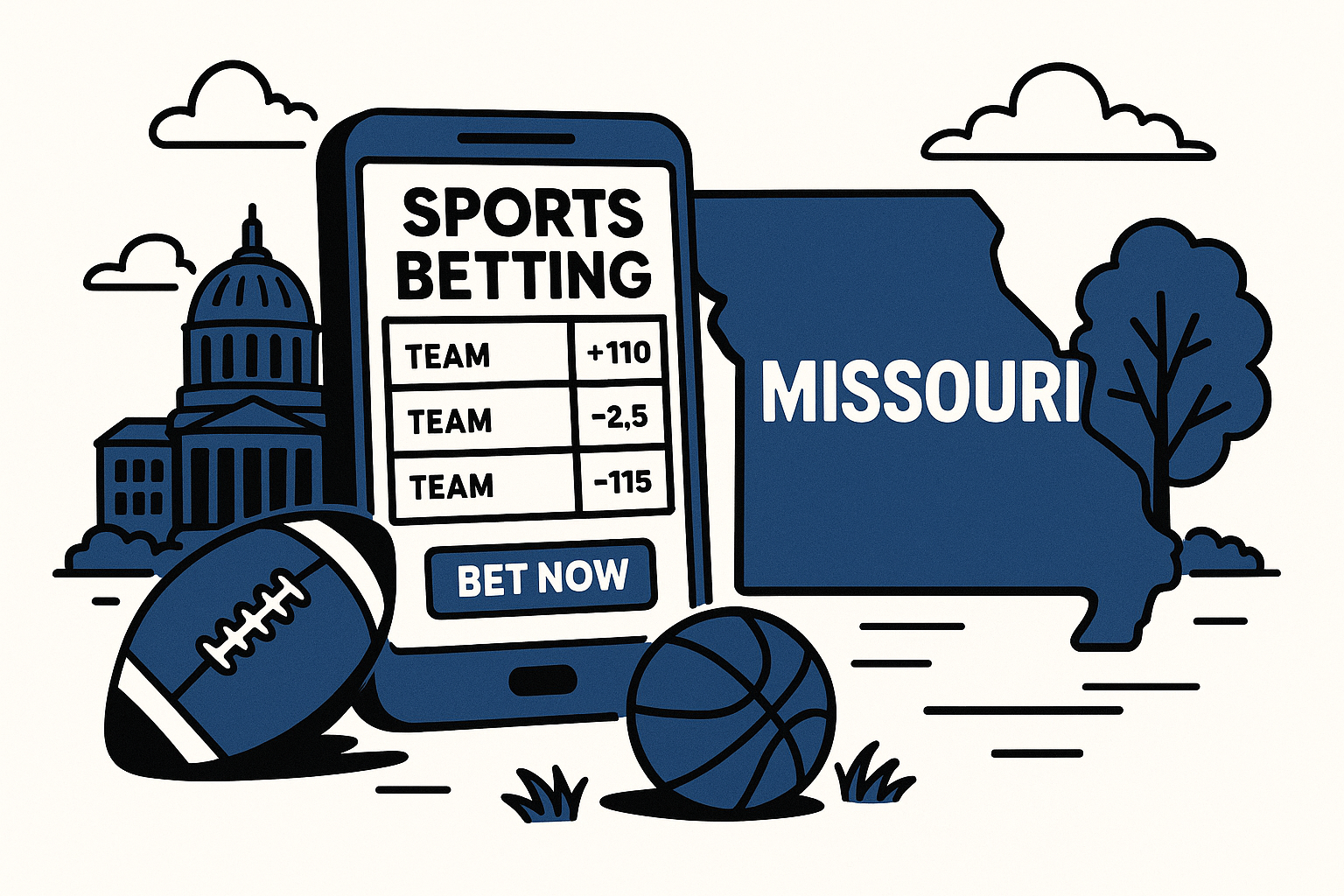 AI cartoon drawing showing a phone with a sports betting open open next to a football and basketball in the foreground, and the Missouri state outline and state capitol building in the background. Colors are white, blue, and black.