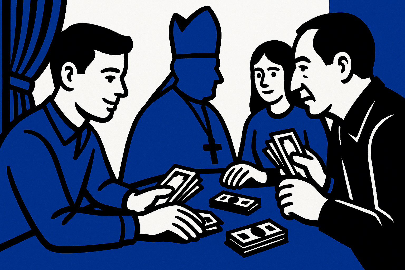 AI cartoon drawing of three people exchanging cash at a table with the silhouette of a Pope in the background. Colors are white, blue, and black.