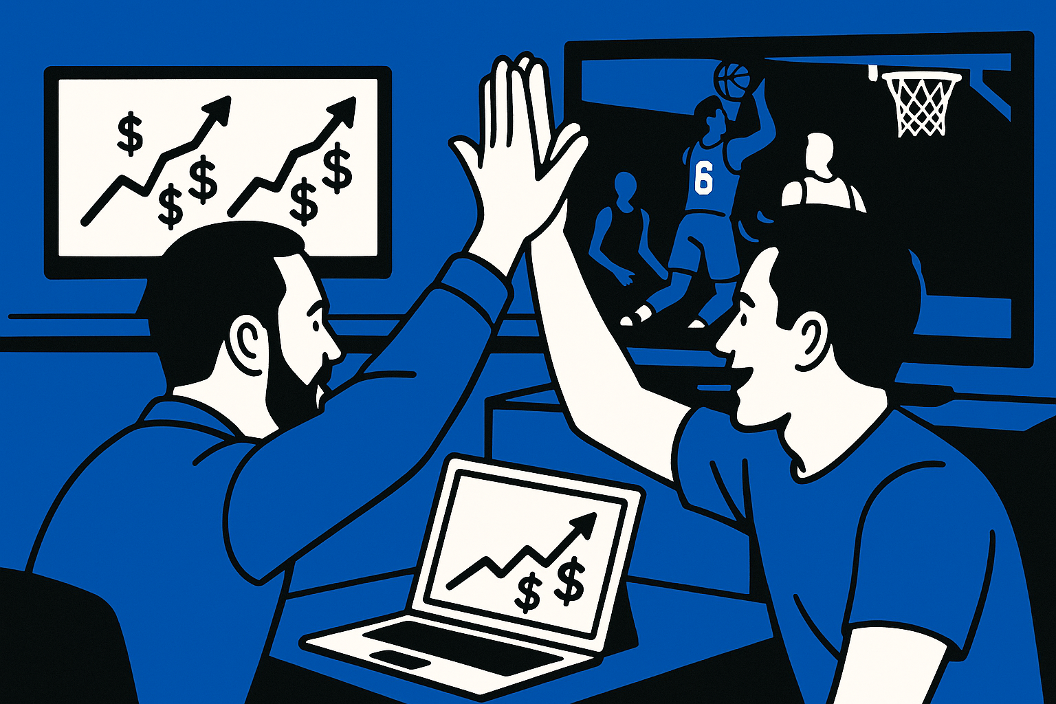 AI drawing of two sports bettors high-fiving while watching a basketball game with a wall monitor and laptop showing upward line graphs next to dollar signs. Colors are blue, white, and black.