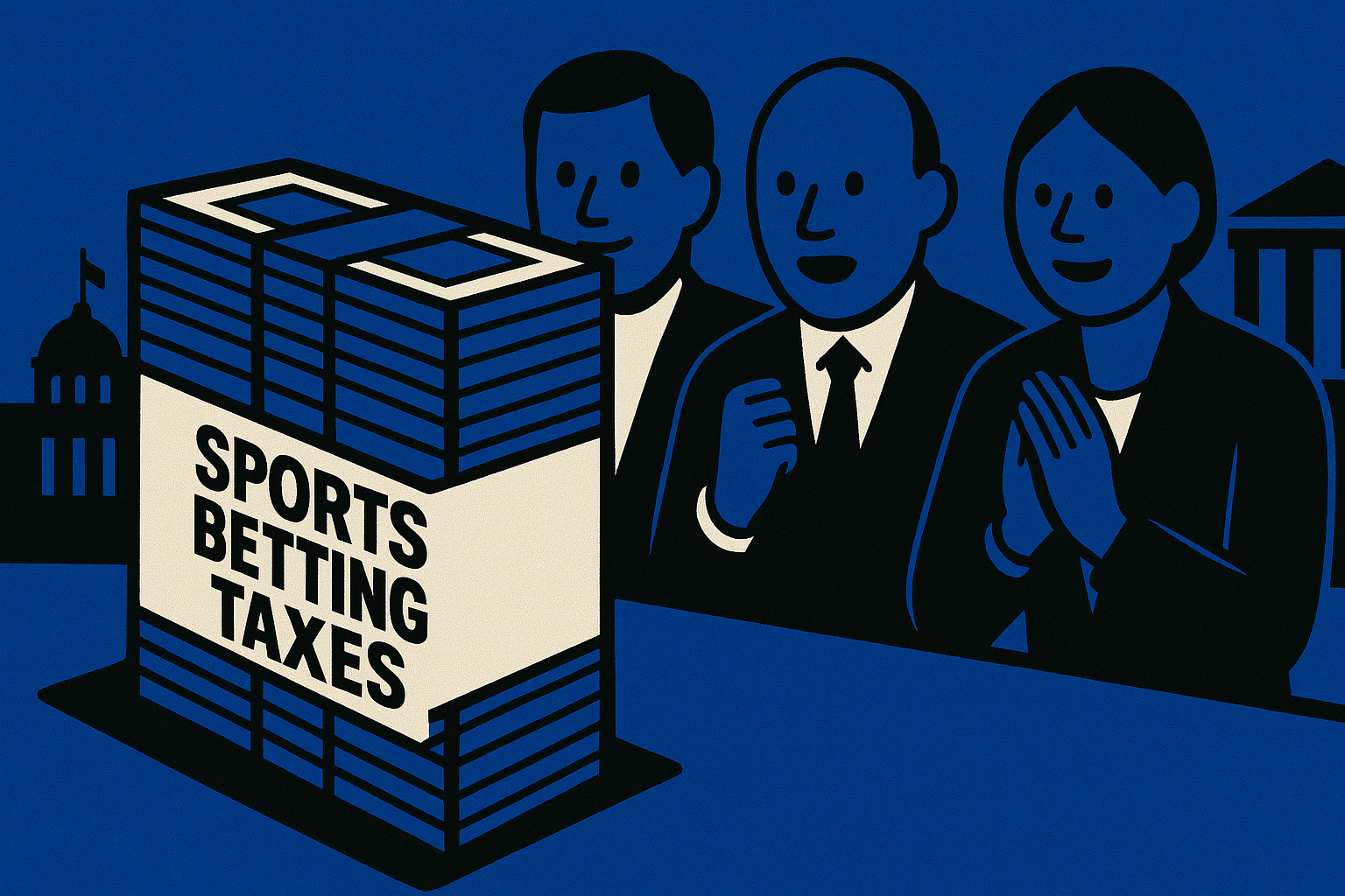 A realistic simple representation of eager government officials looking at a stack of money that has the label SPORTS BETTING TAXES with a blue, black, and white color scheme inspired by a cartoon-style design