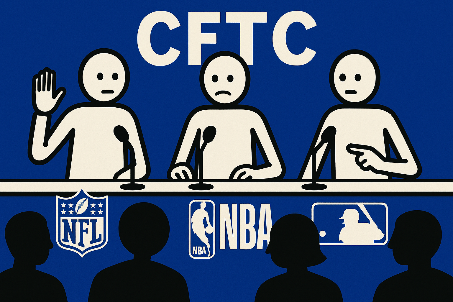 AI drawing showing three stick figures with NFL, NBA, and MLB logos under them at a press conference podium, with "CFTC" written behind them, talking to silhouettes of reporters in the foreground. Colors are blue, black, and white.