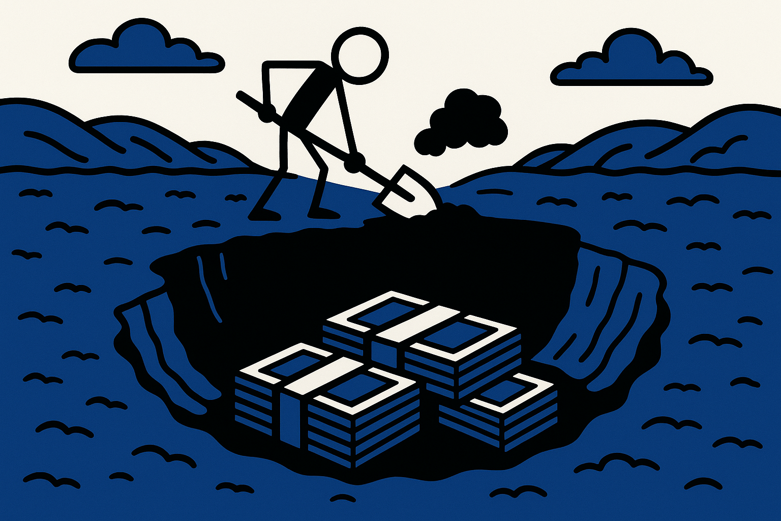 Simple representation of a stick figure digging a big hole with billions of dollars at the bottom with a blue, black, and white color scheme inspired by a cartoon-style design