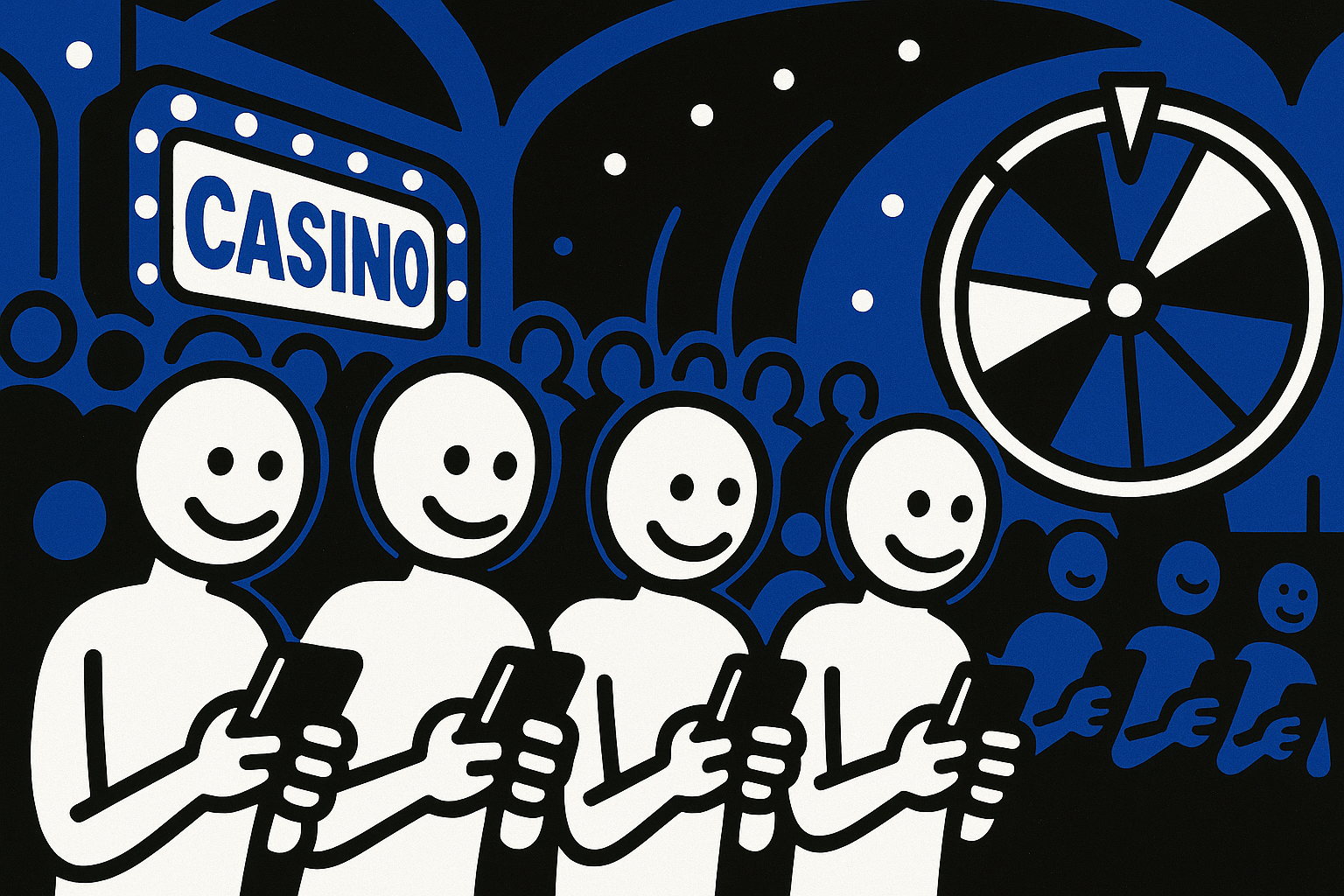 A realistic simple representation of a casino game show with a bunch of people holding smartphones playing in the audience, looking happily down at their smartphones, with a blue, black, and white color scheme inspired by a cartoon-style design.